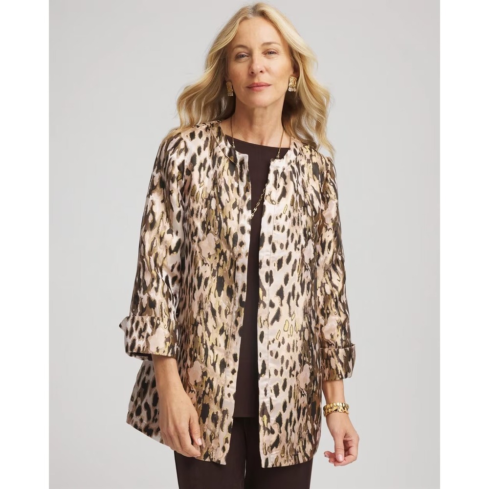 Chico's Travelers Animal Jacquard Jacket Deep Taupe Metallic Gold 1 M NWT